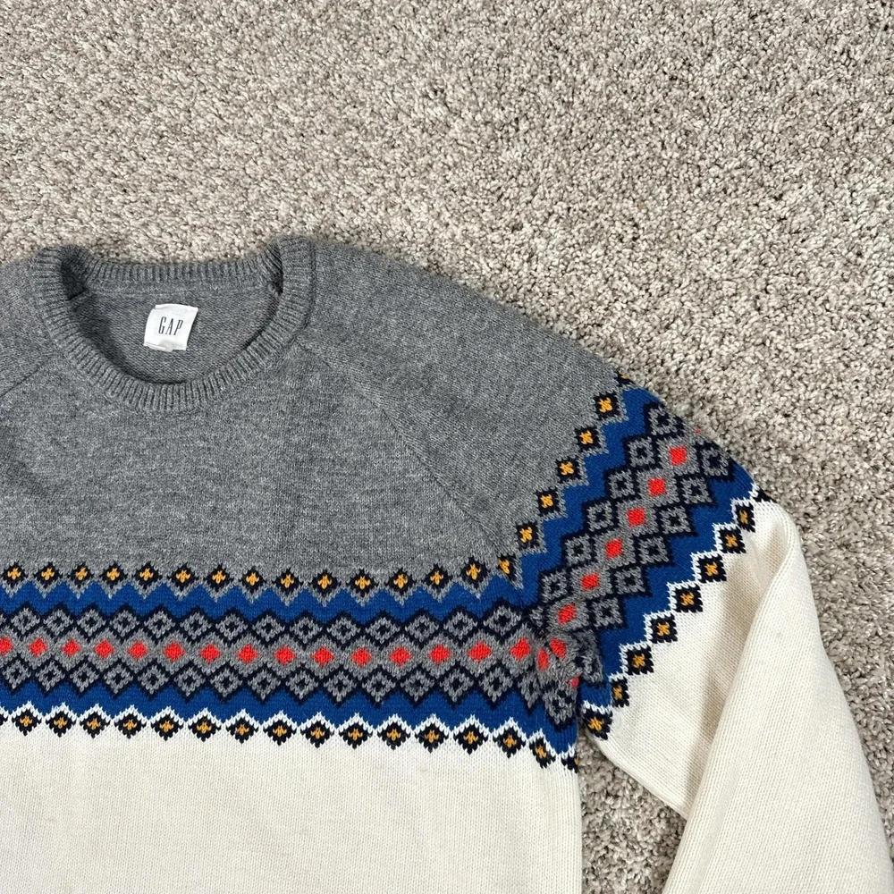 GAP Sweater Mens Large Gray Cream Wool Fair‎ Isle Neutral Multi Crewneck Raglan